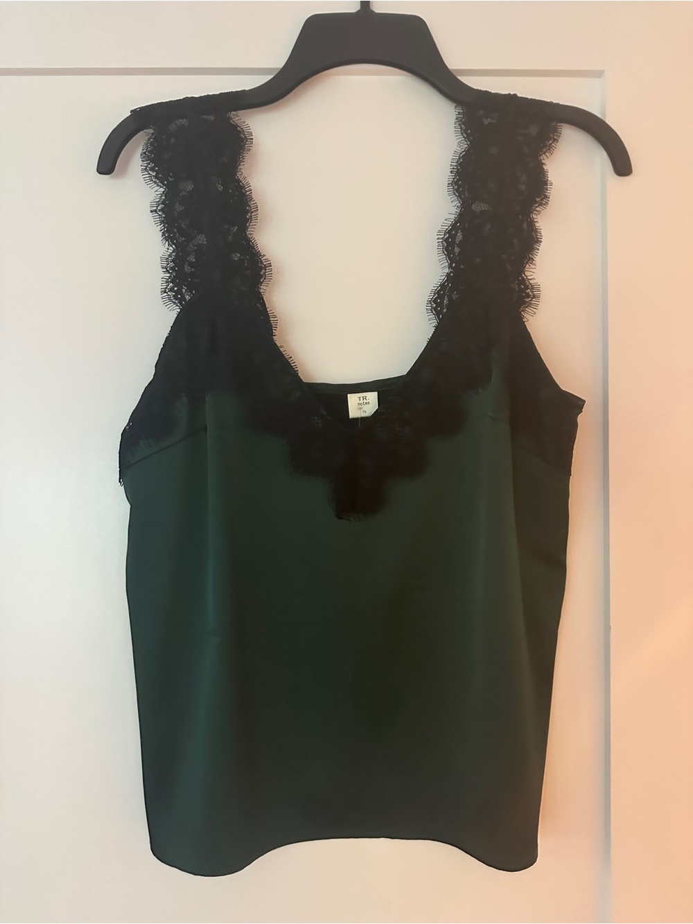 Avenue Dark Green Satin Camisole with Black Lace Trim